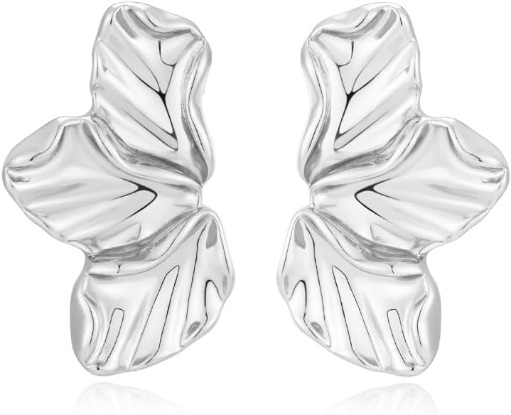 FAUTHENTICUTE Chunky Gold Statement Earrings For Women Gold Plated Sectored Flower Leaf Shell Angel Wing Earrings Large Stud Earrings Hypoallergenic Earrings - Image 1